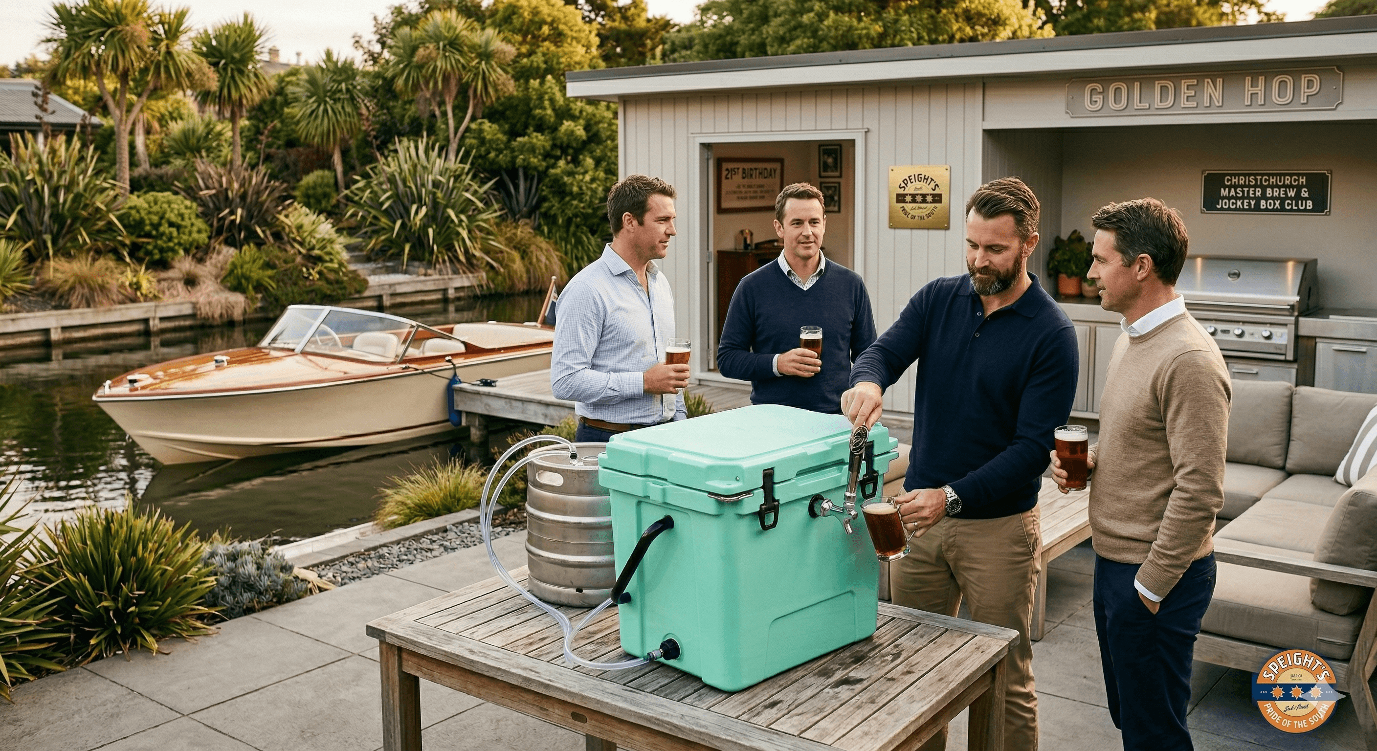 Four men pouring beer from a teal jockey box on a patio beside a canal.