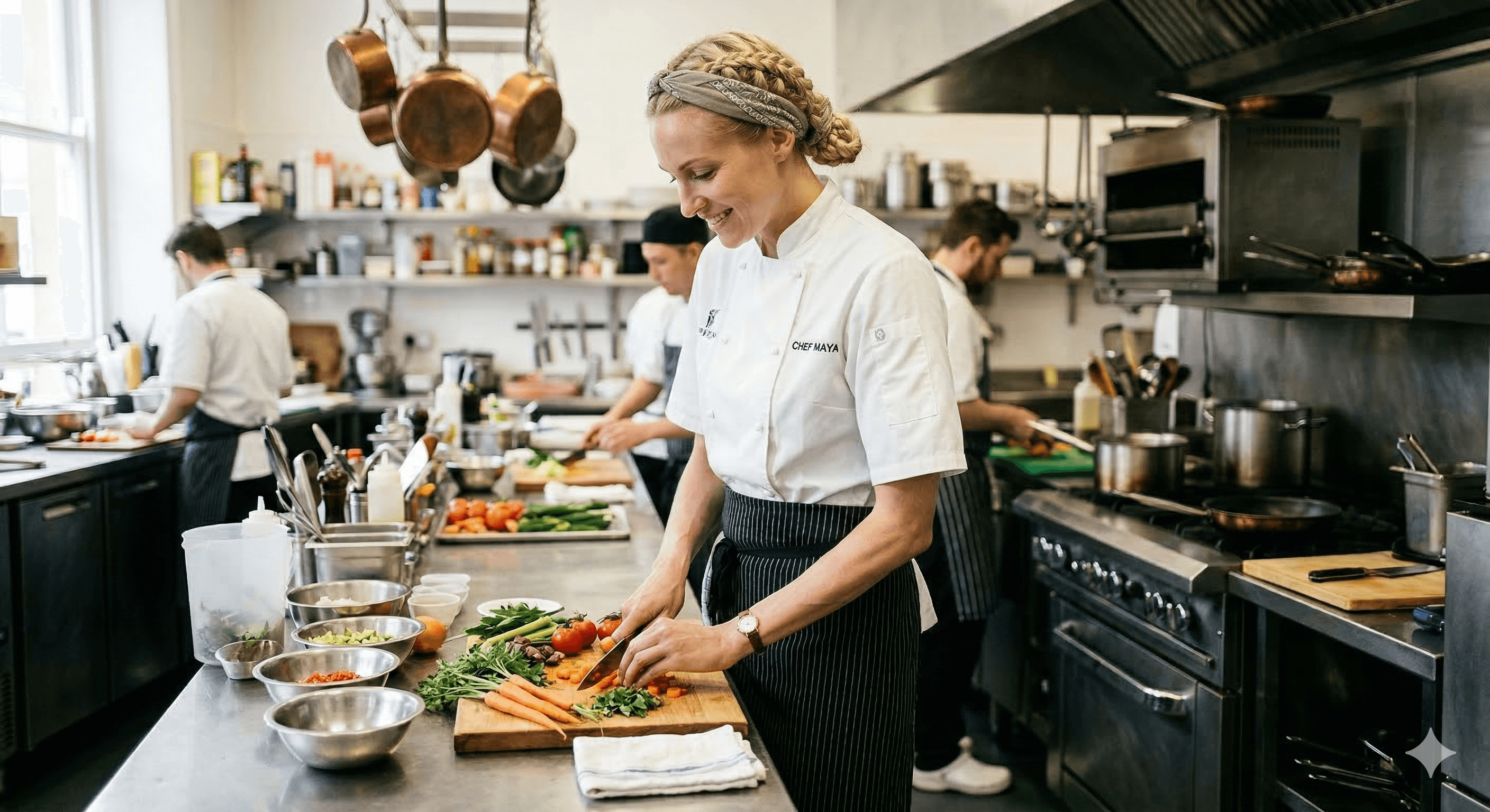 Smiling female chef chops fresh vegetables on a wooden board in a busy kitchen.
