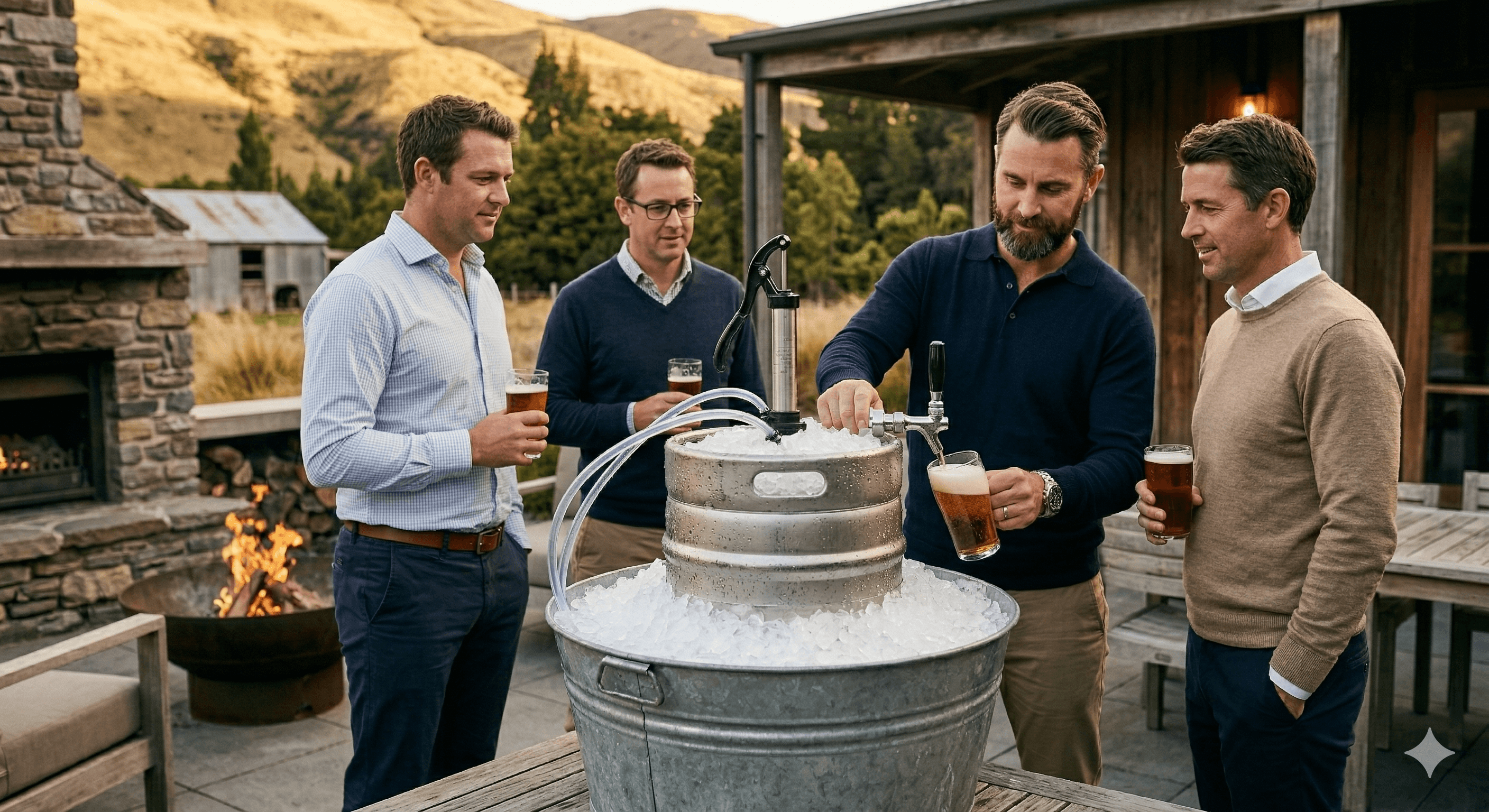 Four men gather on a rustic patio, one pouring beer from a keg in ice.