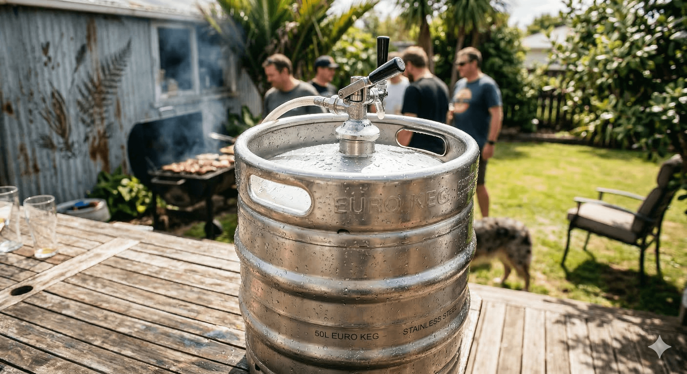 Stainless steel beer keg with a tap on a deck at a sunny backyard barbecue.