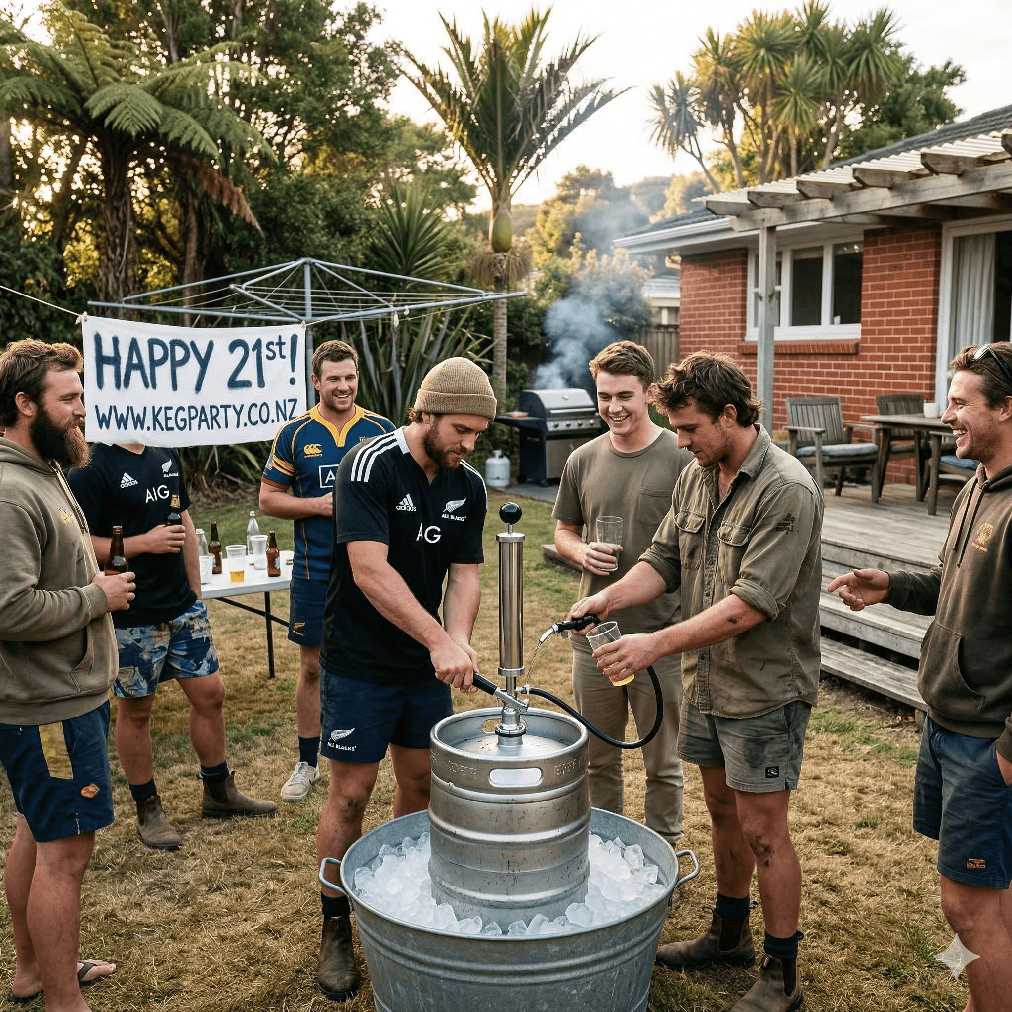 Friends pouring beer from a keg at a backyard 21st birthday party with tropical plants.