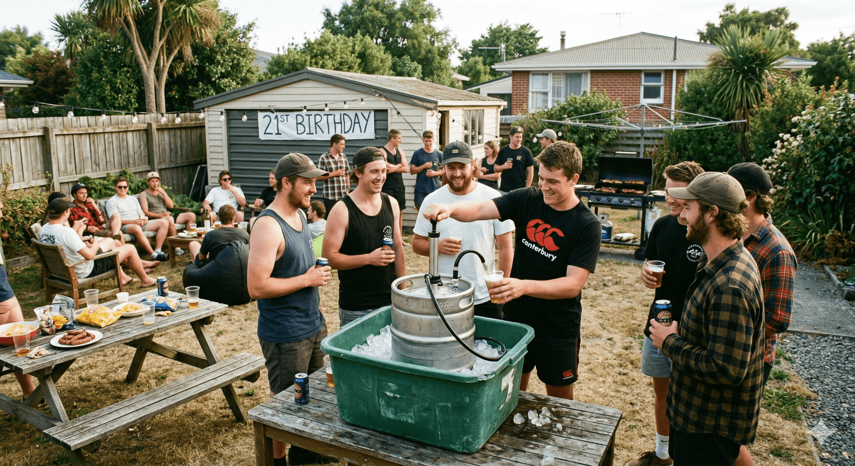 Friends celebrate a 21st birthday in a backyard, pouring beer from an iced keg.