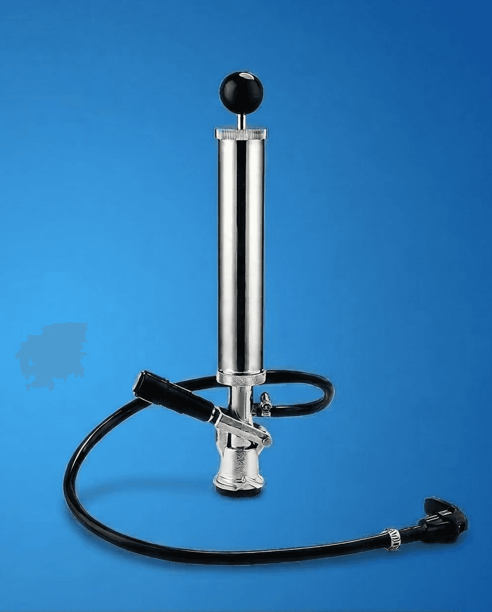 Chrome beer keg pump with black ball handle and hose on a blue background.