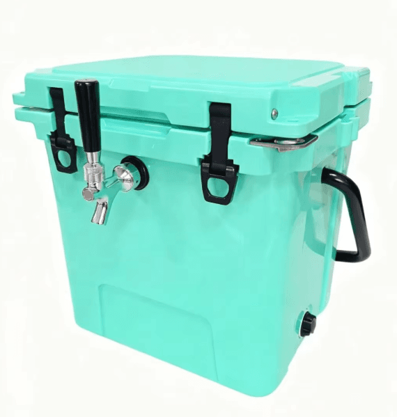 Mint green insulated jockey box cooler with a chrome beer tap and black handle.